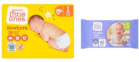 Little Ones Size 1 Nappies New Born 26 Pack + 60 Lightly Fragranced Baby Wipes
