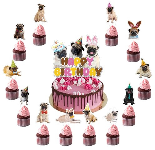 25 Pcs Pug Cake Topper Cupcake Toppers Pug Dog Cake Decorations for Pug Party Decorations Pug Birthday Party Supplies