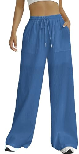 Nuofengkudu Wide Leg Trousers for Women UK Cotton Linen Drawstring Elastic Waist Pockets Loose Long Ladies Lounge Pants Yoga Comfy Lightweight Bottoms Leisure Joggers Summer Holiday Beach Blue S