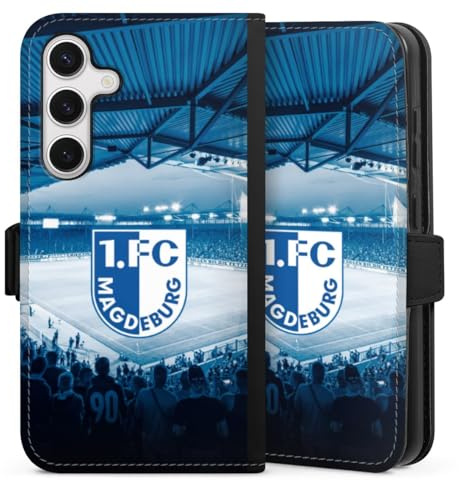 Klapphülle kompatibel mit Samsung Galaxy S 24 Handyhülle aus Kunst Leder schwarz Flip Case 1. FC Magdeburg Stadion 1. FCM
