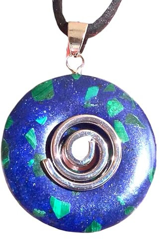 Steinfixx® - Premium Azurit-Malachit Donut synth. optional als Kette mit Silber- oder Goldanhänger und 80cm Lederband | Heilstein | Edelstein | Chakra-Stein (Donut mit Band und vergoldeter Spirale)