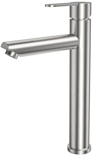 Dolinvo Robinet Brossé Salle de Bain, Haut Mitigeur Vasque à Poser Salle de Bain, Robinet lavabo Design Moderne Acier inoxydable Eau Chaude et Froide Disponible, avec tuyau de raccordement de 50 cm