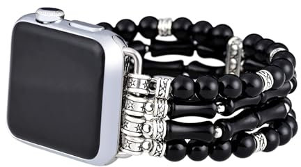 Juaupepo Cinturino bohémien con perline in pietra naturale per Apple Watch 49/45/44/42/41/40/38 mm, unisex, comodo ed elastico, fatto a mano, per iWatch serie SE 9/8/7/6/5/Ultra e 2 (41 mm, L, 20#)