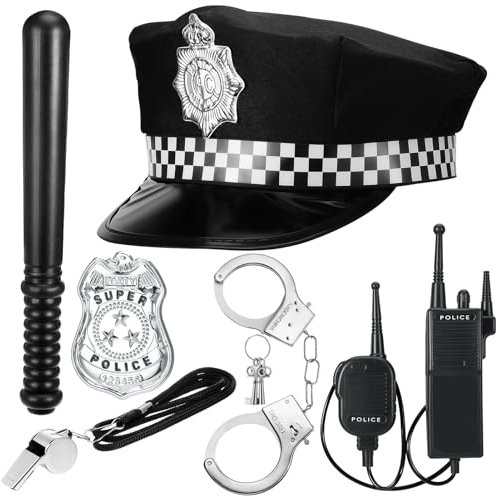 Lvefyti 6 Stück Polizei Kostüm Zubehör, Polizei Kostüm Set mit Polizeimütze Walkie Talkies Handschellen Abzeichen Baton Pfeife für Kinder Damen Herren Cosplay Karneval Halloween Party Kostüm