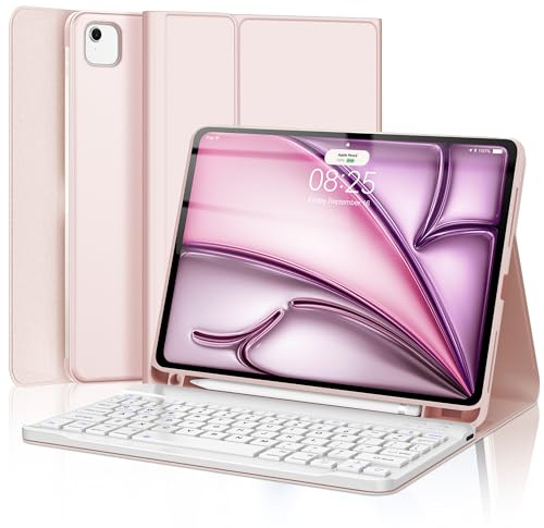 D DINGRICH iPad Air 11-inch M2 Case with Keyboard 2024, Smart Folio Leather Cover with Pencil Holder for iPad Air M2 11 inch, Rechargeable, Magnetic Wireless Keyboard for iPad Air 11” 6th Gen - Pink