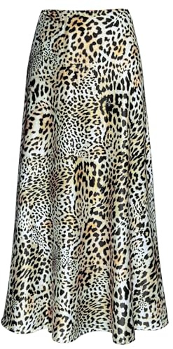 Outoshe Women Satin High Waist Hidden Elastic Waist A-Line Long Maxi Skirt, Leopard, XXL