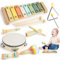 Vicloon Instrument de Musique pour Tout-Petits, Musique Batteries et Percussions Jouet Montessori avec Xylophone Trompette Tambour Maracas, Jouet Musique en Bois Cadeau Anniversaire pour Enfant 3+
