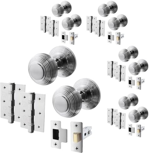 EAI Polished Chrome Door Knobs with Latch 76mm and Hinges, 4 Pack - Beehive | Complete Latch Kit with 4 Pairs of Beehive Mortice 55mm Door Knobs, 76mm Latches, 76mm Hinges, Fixings Included