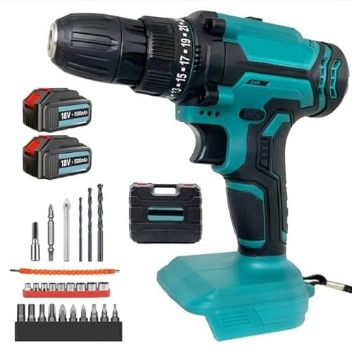 Cordless Drill Driver, Replacement for Makita 21V-Max Lithium-Ion Battery, Cordless Drill with 25+3 Torque Adjustment with 2 x 3.0Ah Battery,Electric Screwdriver, Accessory Kit,LED Work Light