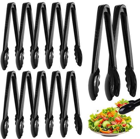 12 Pc Serving Tongs 9 Inch Bulk Reusable or Disposable Plastic Tongs Heavy Duty Hard Plastic Serving Utensils Set Large Salad Tong for Kitchen Party Food Buffet Appetizer BBQ Event Catering(Black）