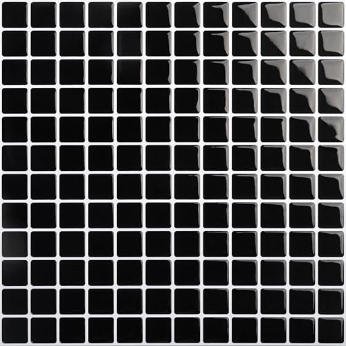 Hode 4 Stück 3D Fliesenaufkleber Bad Schwarz, Klebefliesen Küche Mosaik 23.6x23.6cm, Fliesenfolie Selbstklebende Wasserfest, Wandfliesen Selbstklebend Mosaikfliesen Küche