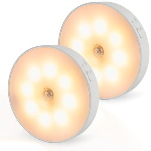 Brendz Rundes LED Schranklicht mit Bewegungsmelder, USB-C Wiederaufladbar, Magnetisch, 2 Stück, Warmweiß 3000K, Kabellose Schrankbeleuchtung, Sensor Licht, Treppenbeleuchtung