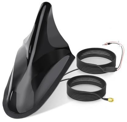 Eightwood FM/AM GPS Dachantenne Shark Antenne Auto mit Signal Verstärker Autoradio Antennensplitter Von KFZ Haifischflosse Antenne SMA Stecker DIN Adapter mit Extension Kabel 5M