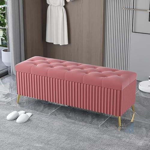 SaryEdge Polsterhocker mit gepolsterter Aufbewahrungsbank, Samtpolsterung und Klappdeckel, Moderne Schlafzimmerbank für das Fußende des Bettes, Schuhbank(Rosa-100x40x45cm