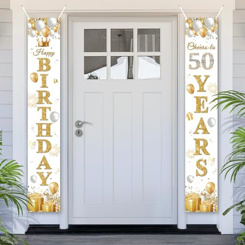 PartyYaa Cartel de 50 cumpleaños, decoración de puerta de 50 cumpleaños, fondo de cabina de fotos de fiesta, póster para hombres y mujeres (oro blanco)