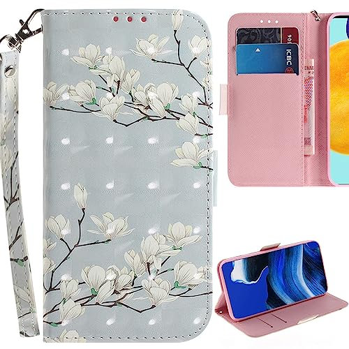 Ammeer Coque pour Tecno Spark 20 Pro, 3D PU Cuir Magnétique Flip Housse Étui Cover Case Wallet Portefeuille Béquille Support Pochettes Dragonne - Blanc Fleur