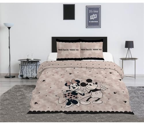 Mickey und Minnie Classic Doppelbettwäsche 240x220 + 2 Kissenbezüge 65x65 | Wendebettwäsche wendbar | Vintage-Romantik mit Punkten | Offizielle Disney Lizenz | Geschenk Paar