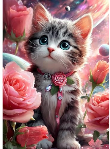 CEOVR Katze Diamond Painting Bilder Kit Erwachsene,5D Diamond-painting 30x40cm,Diamant Art Set,Rose und Katze