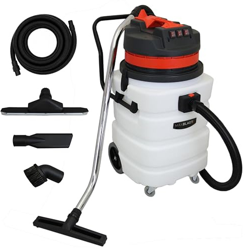 MAXBLAST Aspirapolvere industriale 90L secco/umido con tubo 5 m, 3000W, triplo motore, filtro in tessuto, cavo 6,5 m, accessori inclusi, uso con/senza sacchetto, contenitore in plastica