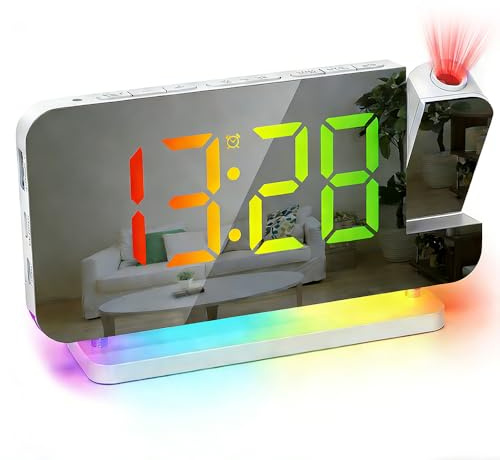 Nzkeuf Projection Clock,Digital Alarm Clock with180°Projector, Electronic Mirror Clock with LED Display, Digital Clock for Bedroom, Home, Office with Temperature Date 12/24H Light,Sound,Dst,Snooze Set