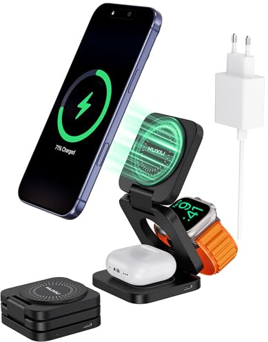 KU XIU X55 Turbo Stazione di Ricarica 3 in 1, Qi2.2 25W Caricatore Wireless | Pieghevole Supporto Viaggio, Magnetico Wireless Charger Base per iPhone 17-12/Watch/AirPods, 45W Adattatore Incluso, Nero
