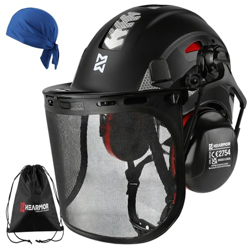 HEARMOR VOLTEK 5-in-1 Forsthelm Schutzhelm-Set mit Helme, Ohrenschutz, Visier, Schweißmütze und Tragetasche, stoßfest und komfortabel belüftet, ABS-Helm für Forstarbeiter, Gärtner und Holzfäller