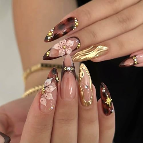Ceboic 24Pcs French False Nails Long Stiletto, Brown Press on Nails with 3D Flower Pearl Designs, Leopard Print Luxury Fake Nail, Glossy Acrylic Full Cover Stick on Nails for Women Girls DIY Manicure
