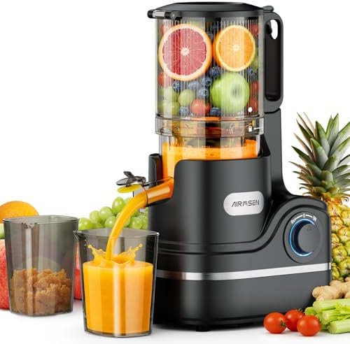 AIRMSEN Estrattore di Succo a Freddo Elettrico, Slow Juicer con Imboccatura Extra Large da 147 Mm, Capacità di 2,1 L, Motore da 300 W, Tecnologia a Spirale Lenta Migliorata 7+1