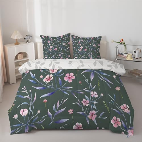Couette 260x240 Vigne florale rose, Duvet 2 Personnes Réversible et Imprimée Vignes feuilles botaniques, Sans Housse, Douce et Confortable 4 Saisons, Lavable, Édredon avec 2 Taies 65x65 cm, Vert