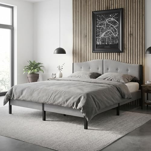 ML-Design Polsterbett 180x200 cm, Doppelbett mit stabilem Bettgestell, Bettrahmen mit gepolstertes Kopfteil & Lattenrost, Modernes Jugendbett, Bett mit Stahlrahmen & Leinenstoff für Schlafzimmer, Grau