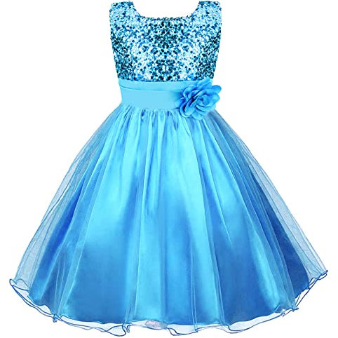Discoball Girls Princess Dress Sequin Tulle Flower Pageant Birthday Party Wedding Bridesmaid Girl Dresses for 3-12 Years Blue