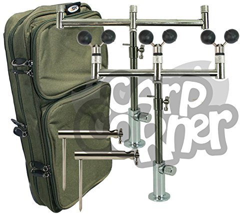 Carp fishing Stainless Steel Set 2x 3 rod buzzer bars 2x Banksticks 2x stabilisers 2x stage Stands & 3x ball Rests Plus Deluxe Case