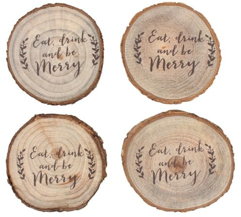 Rustic Brown Wood Christmas Log Slice Coaster Set - 1.2cm x 9.5cm (Pack of 4) - Christmas-Themed Drink Holders - Premium Quality & Unique Design - Perfect for Festive Gatherings