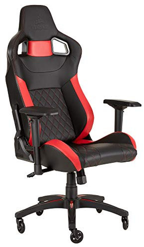Corsair T1 Race - Silla de Polipiel Videojuegos (Fácil de Ensamblar, Giratoria Ergonómica, Altura Ajustable y Reposabrazos 4D, Asiento Ancho y Cómodo con Reclinador Alto) Rojo