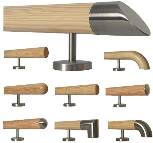 TIBU Kiefer Holz Handlauf Geländer 0,3m - 5m, Länge 280 cm, schräges Edelstahlendstück und 4 gerade Halter