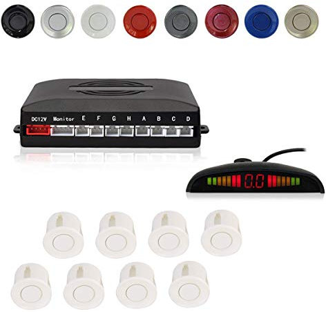 Radar Aparcamiento Sensor Sistema, Cocar Coche Aparcamiento Kit con 8 Estacionamiento Sensores + Detección de Distancia + Sonido Advertencia(Blanco Color)