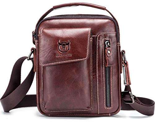 BULLCAPTAIN Herren Sling Bag Tasche Leder, Echtes Leder Schultertasche Hochformat Umhängetasche zum Wandern, Radfahren, Reisen, Freizeit Dunkelbraun