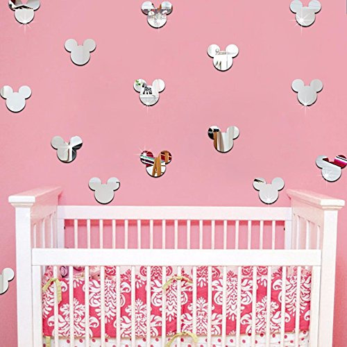 Acryl-Spiegel-Aufkleber, DIY, Cartoon-Micky-Maus-Kopf-Spiegel, Wandaufkleber, Baby-Kinderzimmer, niedliches Tier-Wandtattoo, Kinderzimmer, silberfarben, 20 Stück