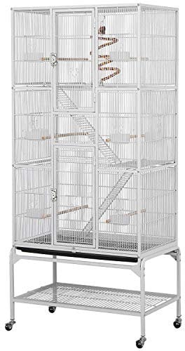 Yaheetech Gabbia Voliera per Uccelli Pappagalli Grande Inseparabili Calopsite in Metallo e Legno con Piedistallo Ruote Giocattolo Gabbia per Conigli Nani Criceti Gatti Bianca 77 x 46 x 175,5 cm