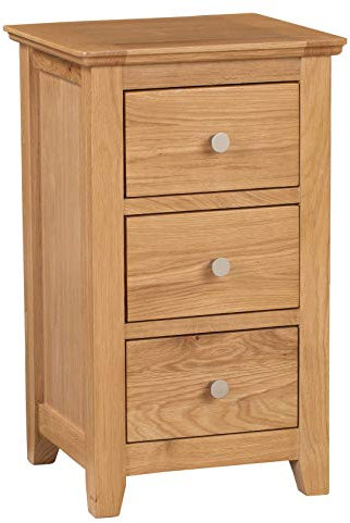 Hallowood Furniture Hereford Oak 3 Drawer Bedside Table, Solid Wooden Narrow Side Table for Small Spaces, Pre-Assembled Bedside Cabinet with Storage Drawers for Bedroom or Living Room