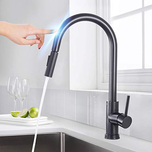 SUGU Grifo de cocina con sensor automático con ducha extensible, rango de giro de 360°, monomando, color negro, grifo para fregadero de cocina táctil inductivo, ahorro de agua