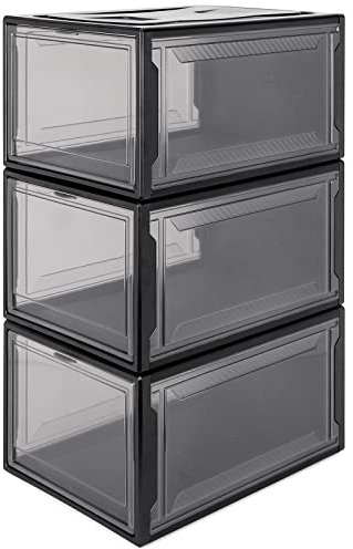 Yorbay Schuhbox, 3er Set, stapelbarer Schuhorganizer, Kunststoffbox mit durchsichtiger Tür, Mehrweg Schuhaufbewahrung, 37 x26 x 20 cm, für Schuhe bis Größe 48, Schwarz