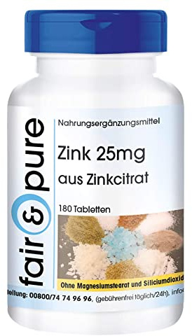 Fair & Pure Zink 25mg Tagesdosis aus Zinkcitrat, 180 Tabletten, schluckfreundlich, hochdosiert, Nahrungsergänzungsmittel vegan ohne Magnesiumstearat, in Deutschland hergestellt