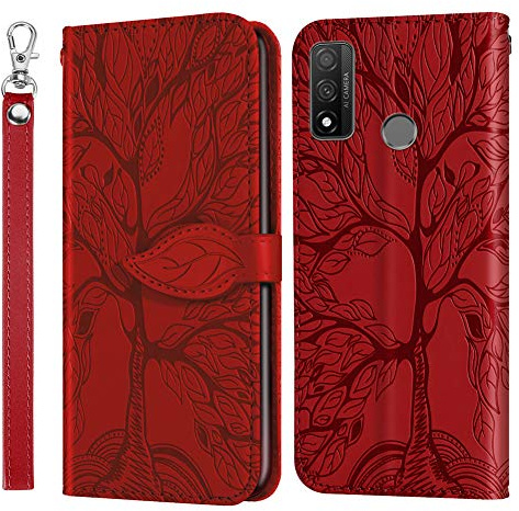 IMEIKONST Coque Compatible avec Huawei P Smart 2020, Flip Étui PU Cuir [Porte-Cartes de Crédit] Portefeuille [Magnétique] Étui à Rabat Housse Coque pour Huawei P Smart 2020. Tree Red RXZ