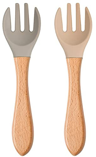 Tomodoks Lot de 2 fourchettes de sécurité pour bébé Fourchette en silicone Fourchette pour enfant avec manche en bois à partir de 6 mois