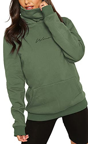 TrendiMax Damen Hoodie Kapuzenpullover Langarm Sweatshirt Winter Pullover Hochkragen Sweatjacke Kapuzen Pullis, Grün, L