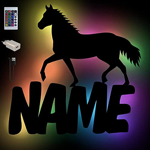 Namofactur Personalisierte Pferde Wand-Deko Farbwechsel Wand-Lampe Holz Licht Geschenkidee für Mädchen I USB + Fernbedienung