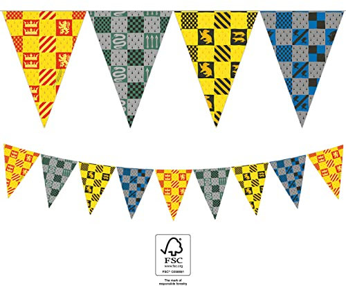 Procos 93377 - Wimpelbanner Harry Potter, FSC® Mix, 9 Wimpel, Kindergeburtstag, Dekoration