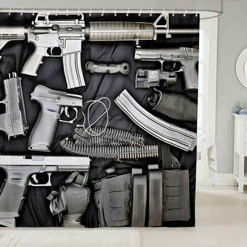 Feelyou Armee-Gewehr-Maschinengewehr-Duschvorhang, Pistolenmuster, Badvorhang für Kinder, Teenager, Kriegsthema, Badezimmer, Stoff, Duschvorhang-Set, Badewannen-Dekoration, 182.9x183 cm