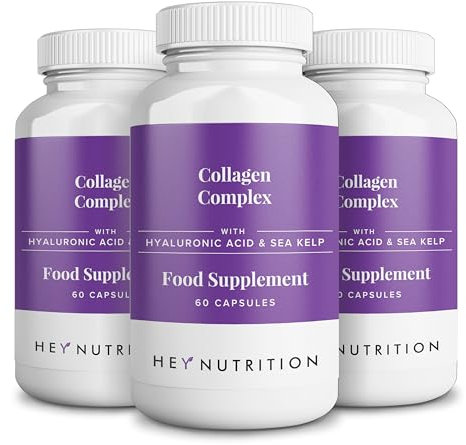 Hey Nutrition Collagen Complex Hyaluronic Acid & Sea Kelp Vitamin E, C, Biotin - Healthy Nails, Skin, Hair Joints Metabolism - Type 1 Marine Supplement - 3 Pack - Non GMO, 180 Capsules